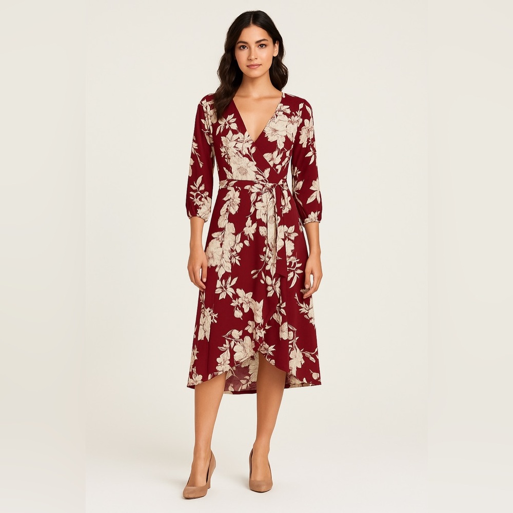 319 Sew In Love Red & Cream Floral Wrap Midi Dress ✨Size: Small (4–6)